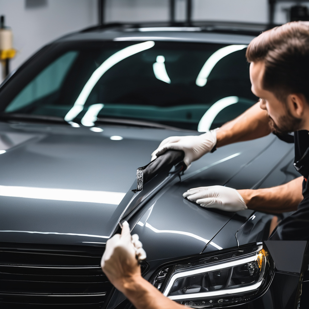 Expert technician performing ceramic coating application on luxury vehicle in professional automotive workshop