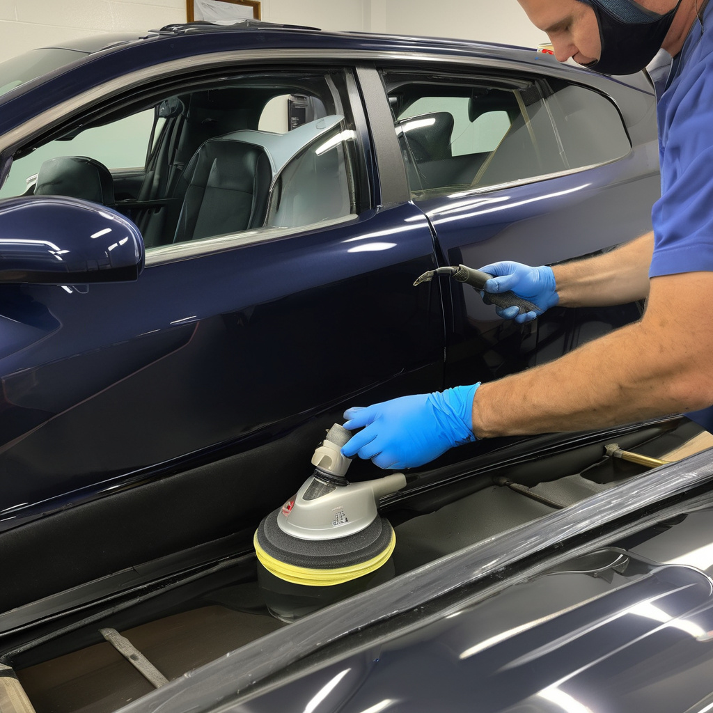 Professional technician performing paint correction and swirl removal on vehicle panel